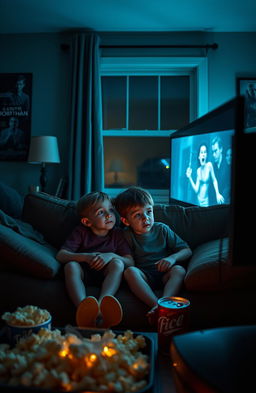 Two small brothers sitting together on a cozy couch, surrounded by dim lighting in a living room, intently watching a horror movie on a large screen
