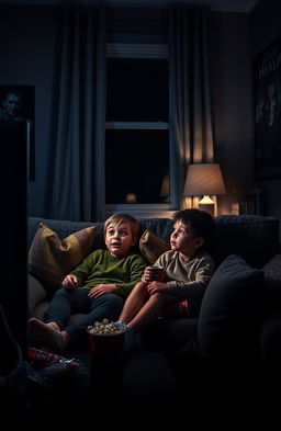 Two small brothers sitting together on a cozy couch, surrounded by dim lighting in a living room, intently watching a horror movie on a large screen