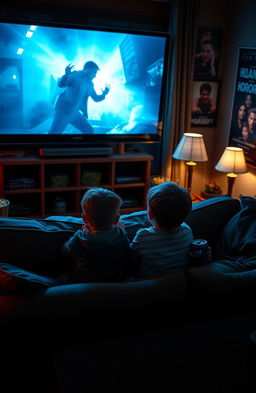 Two small brothers sitting together on a cozy couch, surrounded by dim lighting in a living room, intently watching a horror movie on a large screen