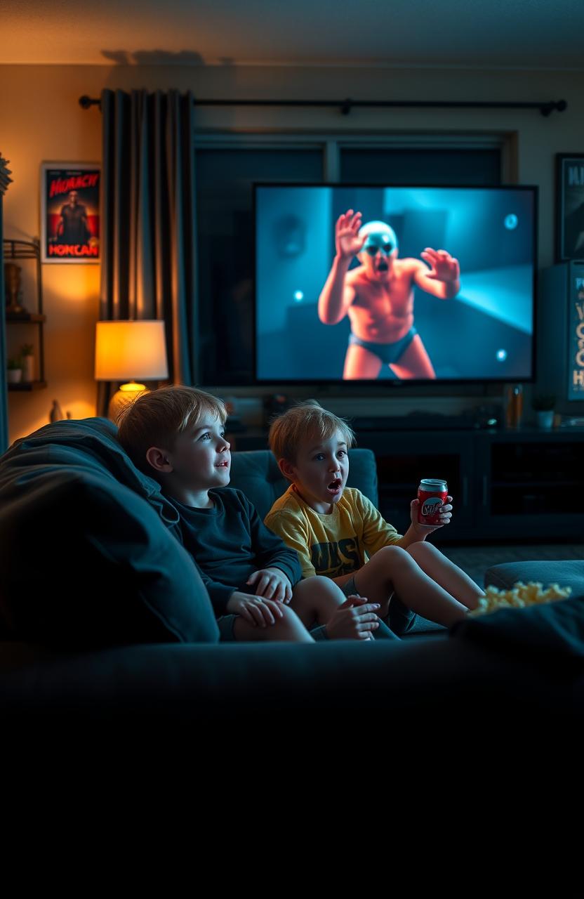 Two small brothers sitting together on a cozy couch, surrounded by dim lighting in a living room, intently watching a horror movie on a large screen