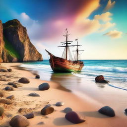 A breathtaking, high-quality, cinematic image of a beautiful, colourful beach scenery, complete with rocks and an old ship stranded on the shore