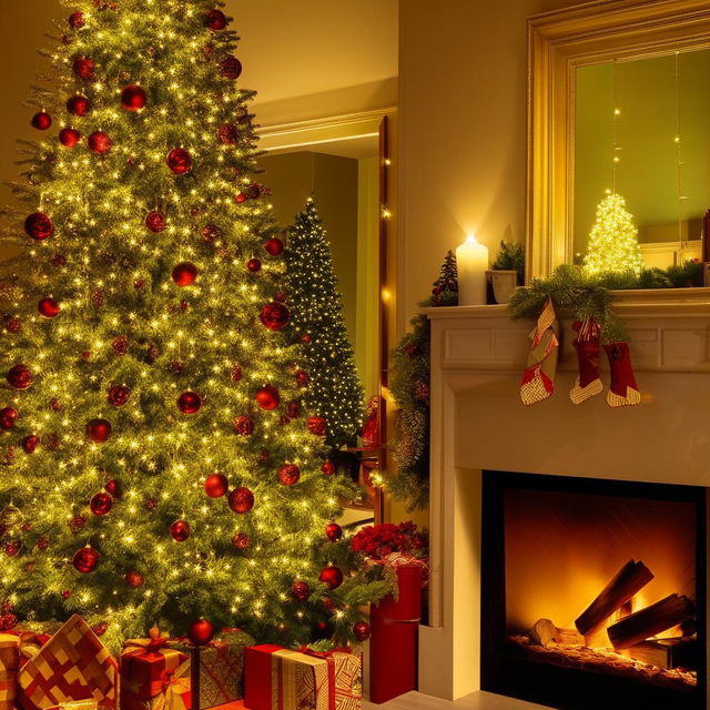 Festively decorated hotel interior for Christmas with glowing lights, Christmas trees, red and gold ornaments, lush green garlands, and warm fireplace