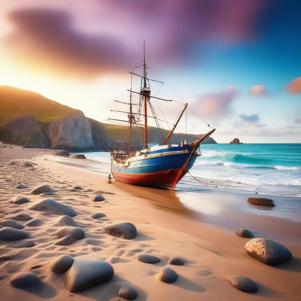 A breathtaking, high-quality, cinematic image of a beautiful, colourful beach scenery, complete with rocks and an old ship stranded on the shore