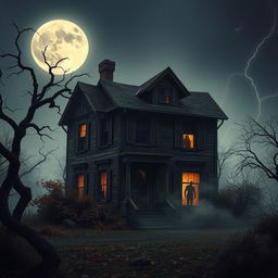 A spooky, abandoned house standing ominously under a full moon, surrounded by gnarled trees and overgrown bushes