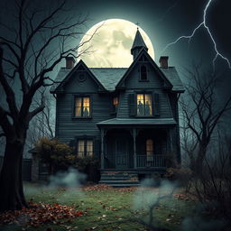 A spooky, abandoned house standing ominously under a full moon, surrounded by gnarled trees and overgrown bushes