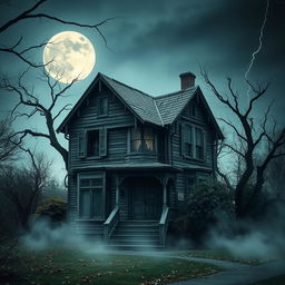 A spooky, abandoned house standing ominously under a full moon, surrounded by gnarled trees and overgrown bushes