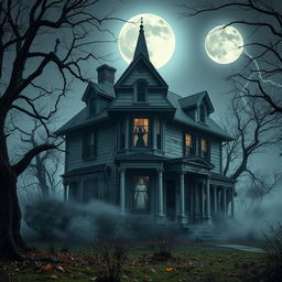 A spooky, abandoned house standing ominously under a full moon, surrounded by gnarled trees and overgrown bushes