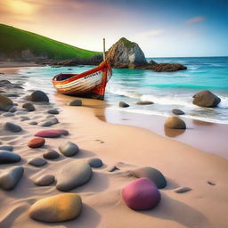 A breathtaking, high-quality, cinematic image of a beautiful, colourful beach scenery, complete with rocks and an old ship stranded on the shore