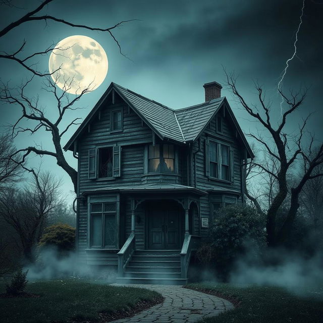 A spooky, abandoned Victorian-style house standing hauntingly under a large, full moon