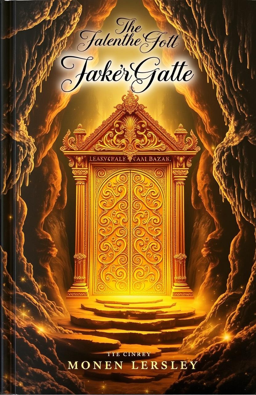 A captivating book cover featuring a magnificent golden gate set within a mystical cavern