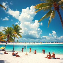 An artistic portrayal of a tropical paradise featuring vivid blue ocean waters and soft white sandy beaches