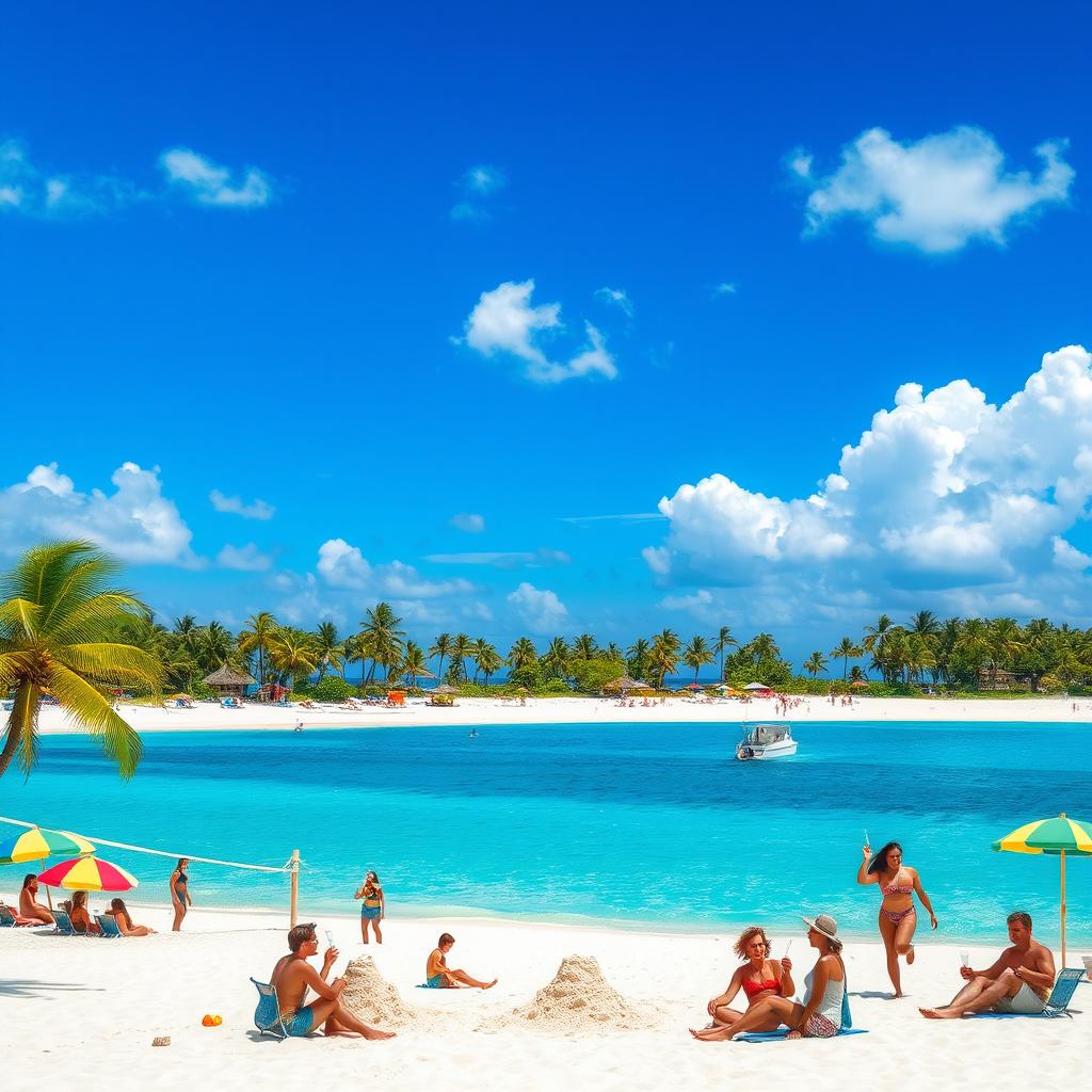 An artistic portrayal of a tropical paradise featuring vivid blue ocean waters and soft white sandy beaches