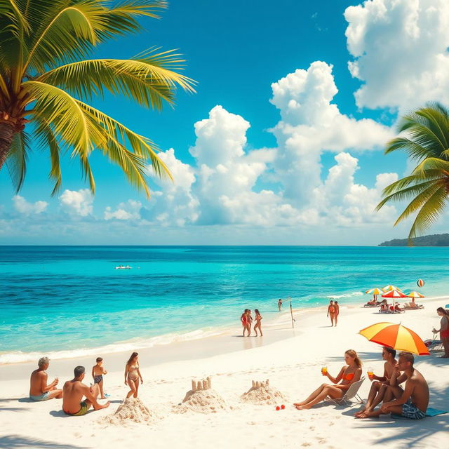 An artistic portrayal of a tropical paradise featuring vivid blue ocean waters and soft white sandy beaches