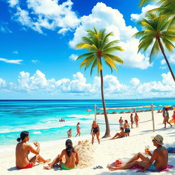 An artistic portrayal of a tropical paradise featuring vivid blue ocean waters and soft white sandy beaches
