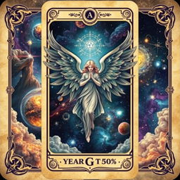A unique tarot card design featuring an angel and a cosmic universe