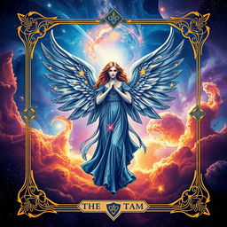 A unique tarot card design featuring an angel and a cosmic universe