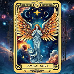 A unique tarot card design featuring an angel and a cosmic universe