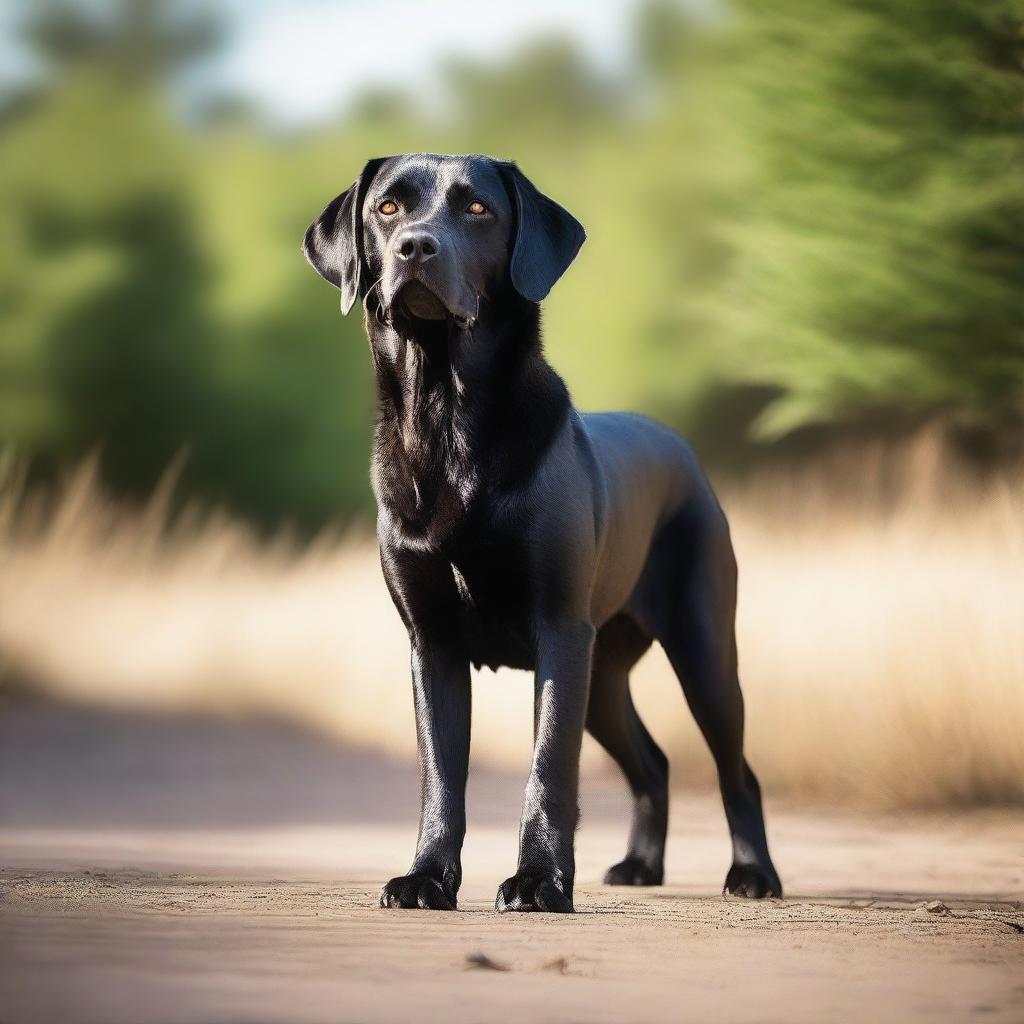 A high-quality, cinematic photograph captures a black Labrador Retriever standing on its hind legs