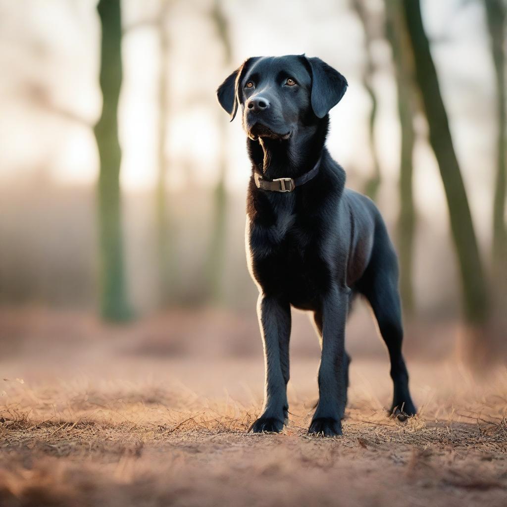 A high-quality, cinematic photograph captures a black Labrador Retriever standing on its hind legs