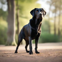 A high-quality, cinematic photograph captures a black Labrador Retriever standing on its hind legs