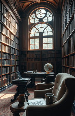 A serene and sophisticated library interior showcasing vast bookshelves filled with books, an intricate wooden desk with an antique globe, soft glimmering ambient light filtering through large arched windows, showcasing dust particles dancing in the sunlight