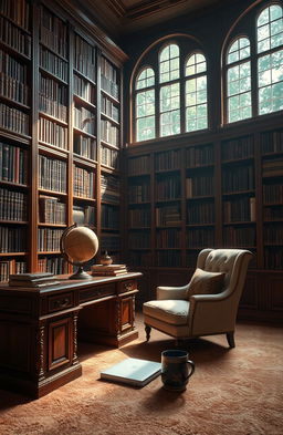 A serene and sophisticated library interior showcasing vast bookshelves filled with books, an intricate wooden desk with an antique globe, soft glimmering ambient light filtering through large arched windows, showcasing dust particles dancing in the sunlight