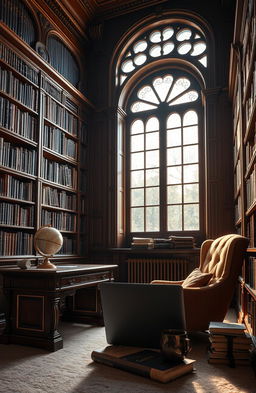 A serene and sophisticated library interior showcasing vast bookshelves filled with books, an intricate wooden desk with an antique globe, soft glimmering ambient light filtering through large arched windows, showcasing dust particles dancing in the sunlight