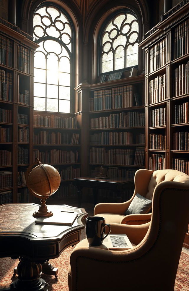 A serene and sophisticated library interior showcasing vast bookshelves filled with books, an intricate wooden desk with an antique globe, soft glimmering ambient light filtering through large arched windows, showcasing dust particles dancing in the sunlight