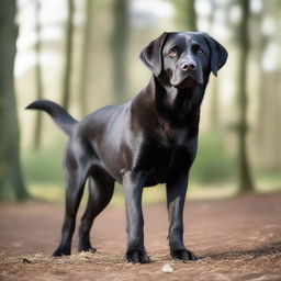 A high-quality, cinematic photograph captures a black Labrador Retriever standing on its hind legs