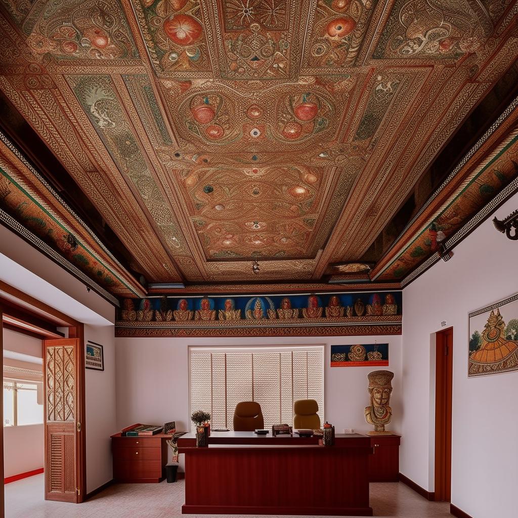 A large, spacious campus chief's office imbued with Nepali cultural elements. It includes traditional patterns, murals, and decor, harmoniously combined with modern office necessities.