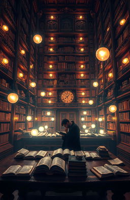 A visually stunning representation of knowledge, depicted as an ethereal library filled with ancient books glowing softly