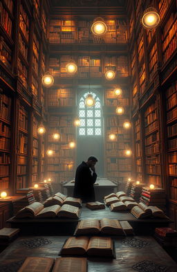 A visually stunning representation of knowledge, depicted as an ethereal library filled with ancient books glowing softly