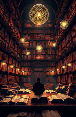 A visually stunning representation of knowledge, depicted as an ethereal library filled with ancient books glowing softly