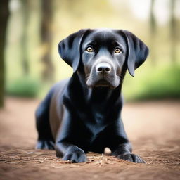 An enchanting, high-quality photograph depicts a young black Labrador in a realistic manner