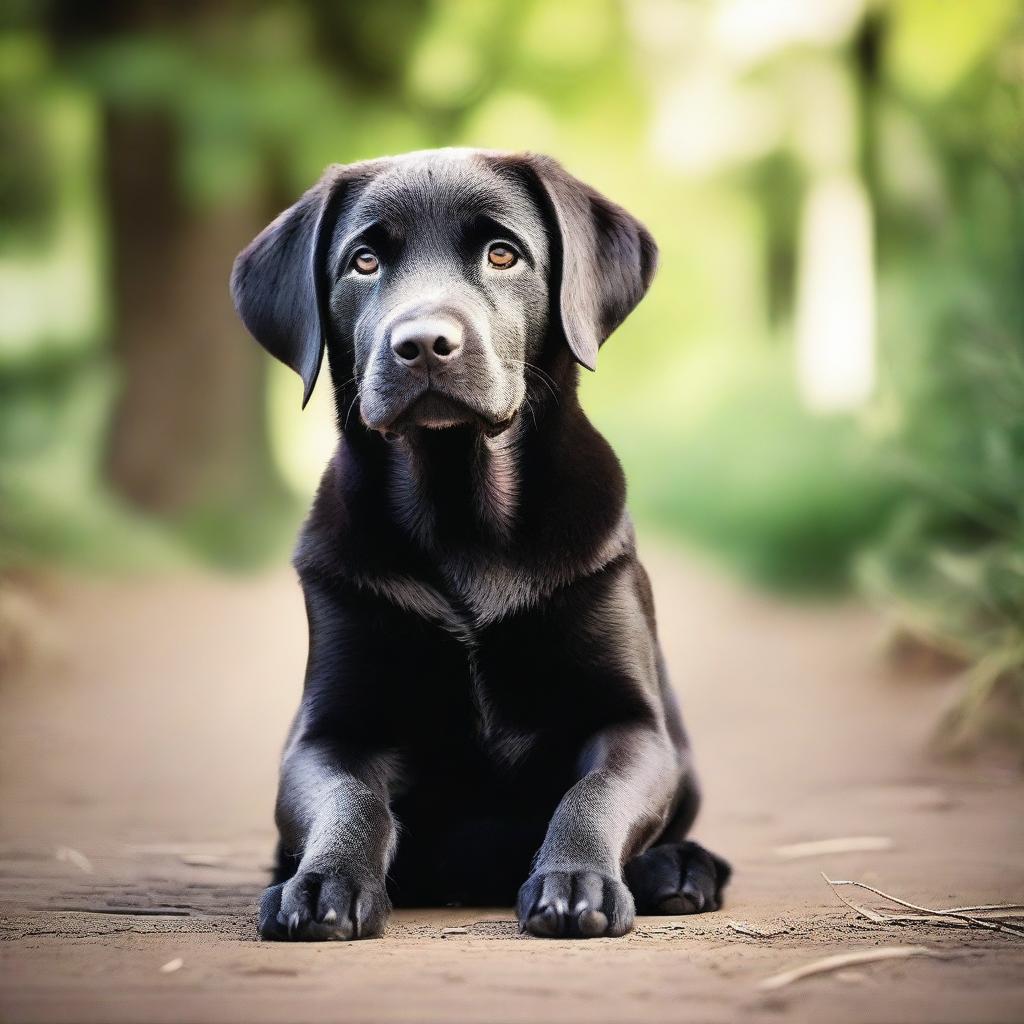 An enchanting, high-quality photograph depicts a young black Labrador in a realistic manner