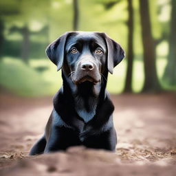 An enchanting, high-quality photograph depicts a young black Labrador in a realistic manner