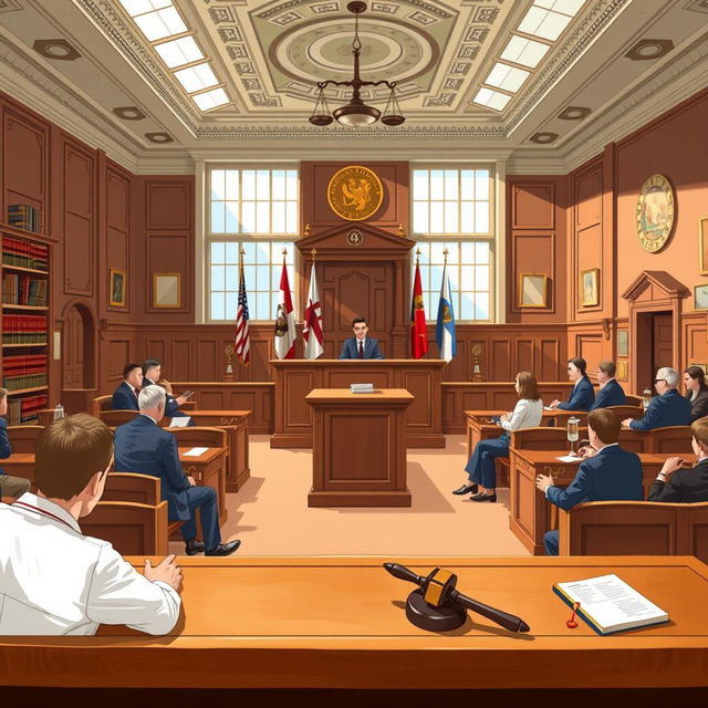 A detailed illustration of a regional trial court courtroom, featuring wooden benches, a judge's bench with a gavel, an ornate ceiling, and large windows letting in natural light