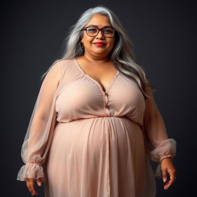 A captivating full-body portrait of a 60-year-old Indian plus-size woman with an aura of confidence and sensuality