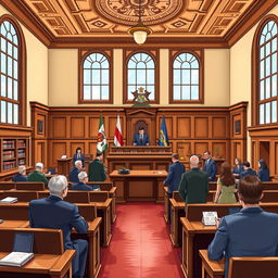 A detailed illustration of a regional trial court courtroom, featuring wooden benches, a judge's bench with a gavel, an ornate ceiling, and large windows letting in natural light