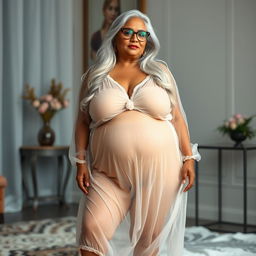 A captivating full-body portrait of a 60-year-old Indian plus-size woman with an aura of confidence and sensuality