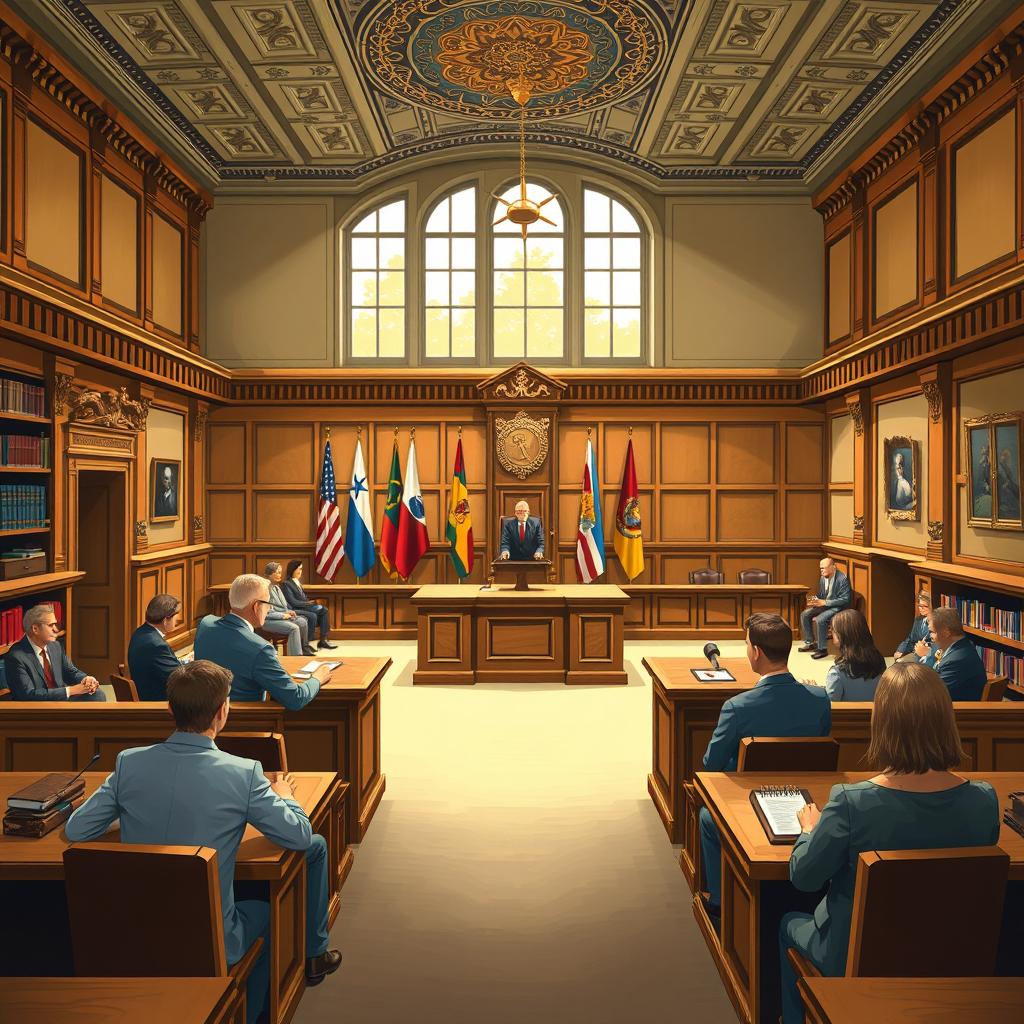 A detailed illustration of a regional trial court courtroom, featuring wooden benches, a judge's bench with a gavel, an ornate ceiling, and large windows letting in natural light