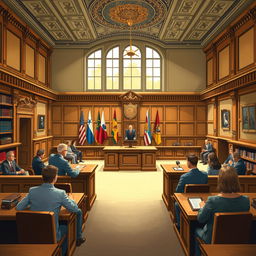 A detailed illustration of a regional trial court courtroom, featuring wooden benches, a judge's bench with a gavel, an ornate ceiling, and large windows letting in natural light