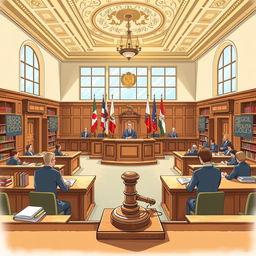 A detailed illustration of a regional trial court courtroom, featuring wooden benches, a judge's bench with a gavel, an ornate ceiling, and large windows letting in natural light