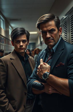A dramatic scene depicting a high school setting where a secret spy, dressed in a stylish yet discreet outfit, is engaged in a tense standoff with a relentless politician's son, who carries an air of smug confidence