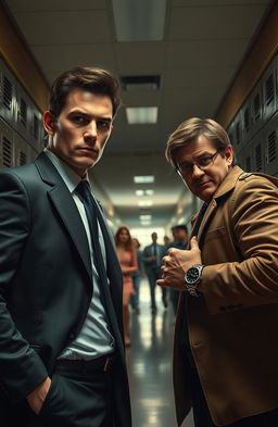 A dramatic scene depicting a high school setting where a secret spy, dressed in a stylish yet discreet outfit, is engaged in a tense standoff with a relentless politician's son, who carries an air of smug confidence