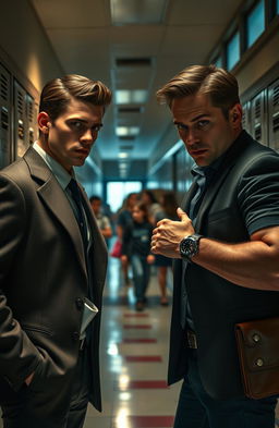 A dramatic scene depicting a high school setting where a secret spy, dressed in a stylish yet discreet outfit, is engaged in a tense standoff with a relentless politician's son, who carries an air of smug confidence