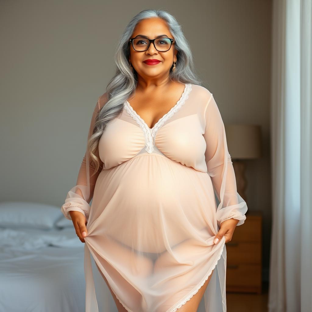 A full-body portrait of a 60-year-old Indian plus-size woman, confidently displaying her big vital statistics