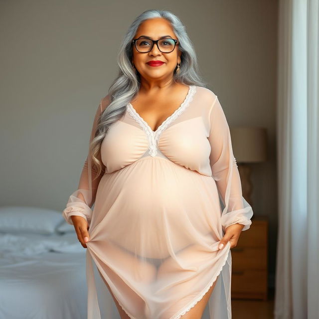 A full-body portrait of a 60-year-old Indian plus-size woman, confidently displaying her big vital statistics