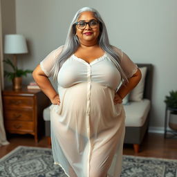 A full-body portrait of a 60-year-old Indian plus-size woman, confidently displaying her big vital statistics