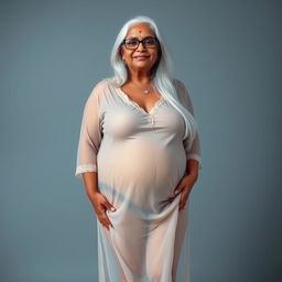 A full-body portrait of a 60-year-old Indian plus-size woman, confidently displaying her big vital statistics